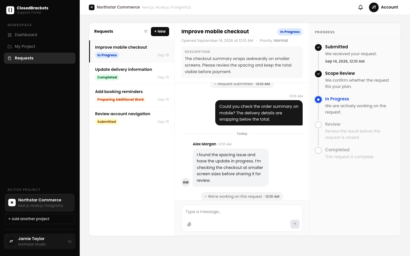 Client request workspace showing a mobile checkout request, conversation with a developer, and progress timeline.